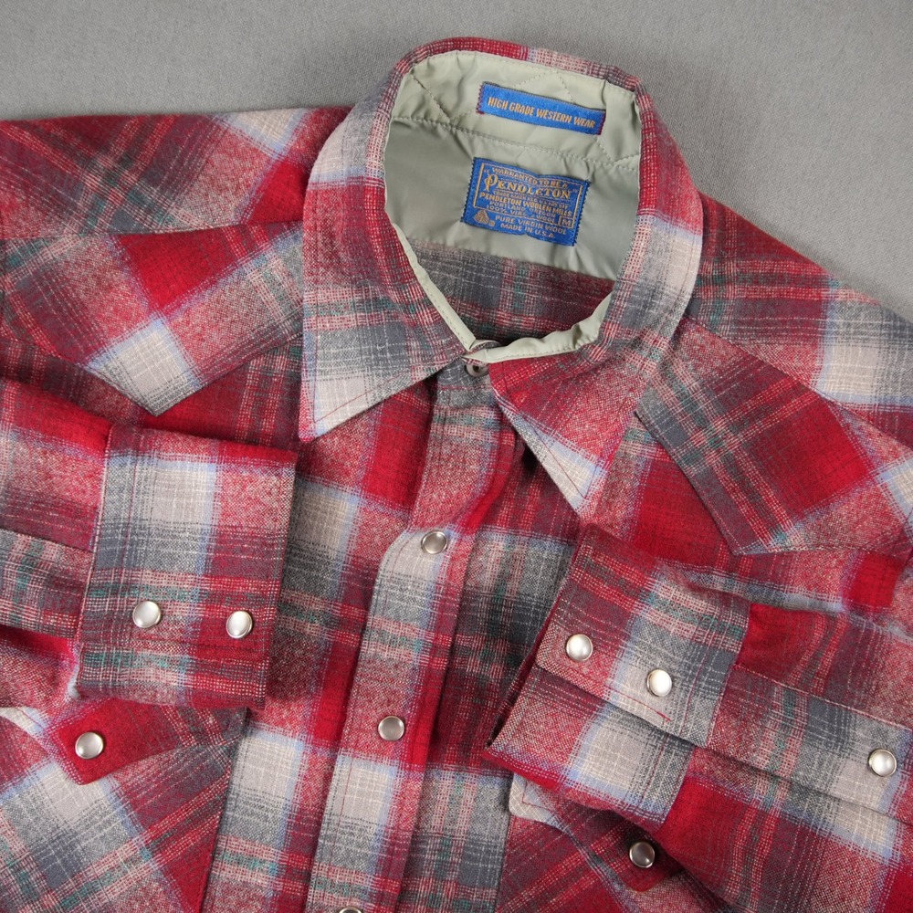 Vintage Pendleton Western Wool Pearl Snap Shirt Mens M Red Plaid USA Retro